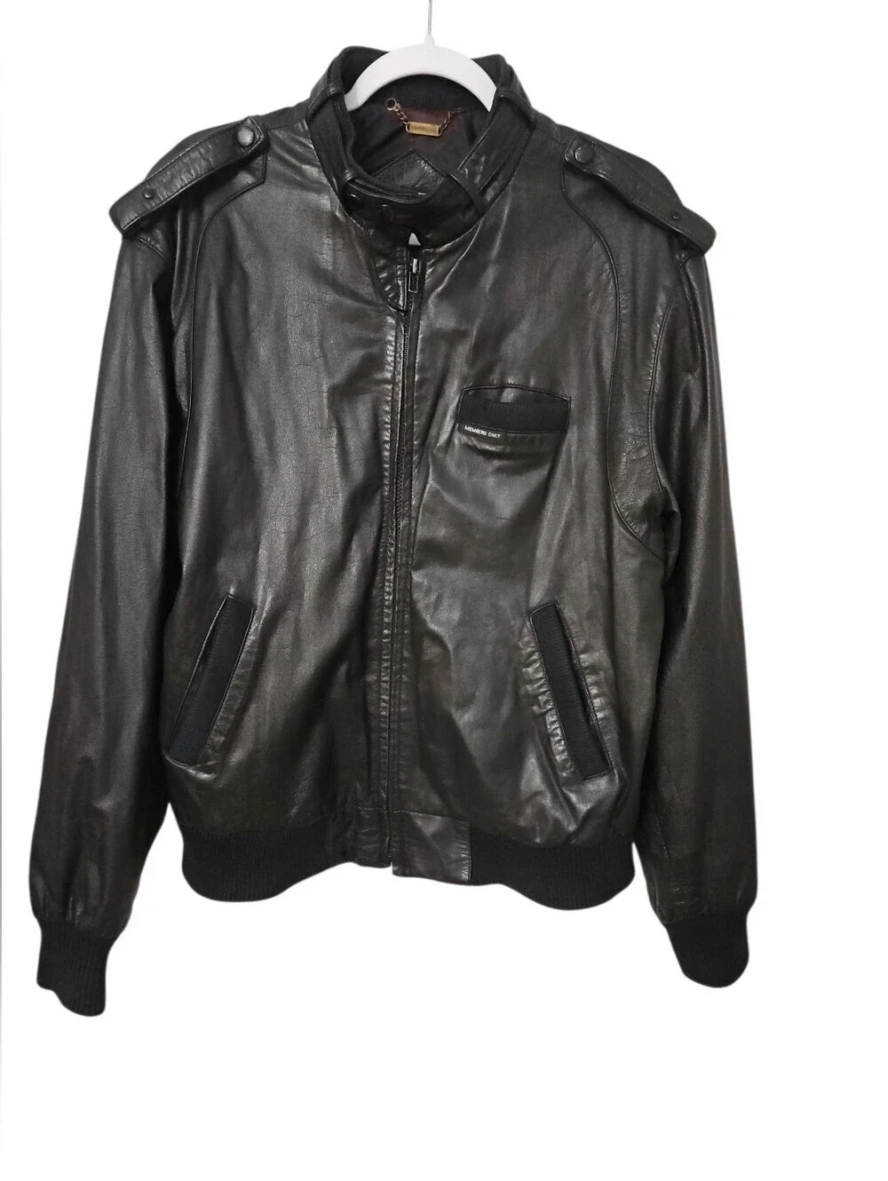 Members Only Vintage 80s Black Leather Bomber Moto Jacket Sz 42 Large Mens